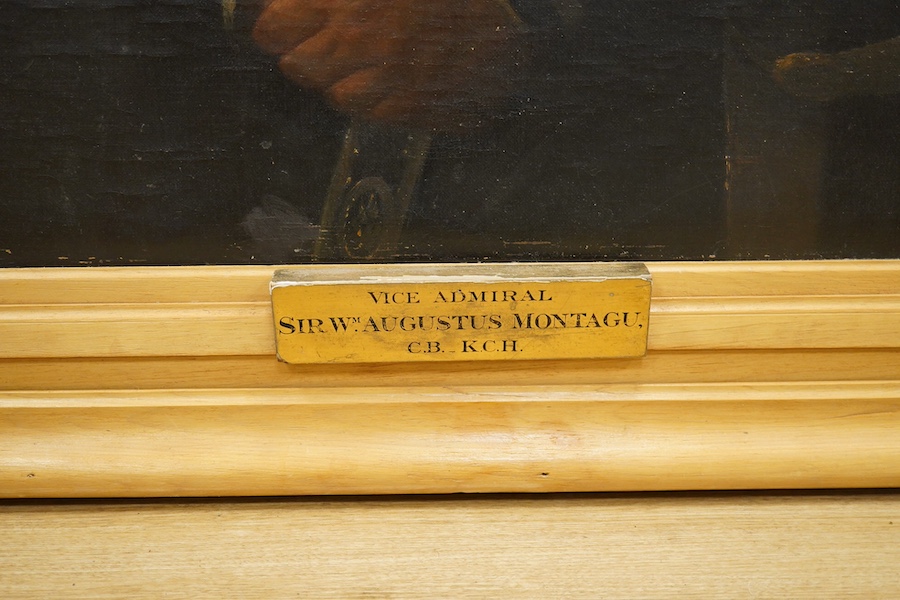 Mid 19th century, British School, oil on canvas, Portrait of Vice Admiral Sir William Augustus Montague (1785-1852), applied plaque to the frame with accompanying paperwork, 125 x 99cm. Condition - fair to good, craquelu